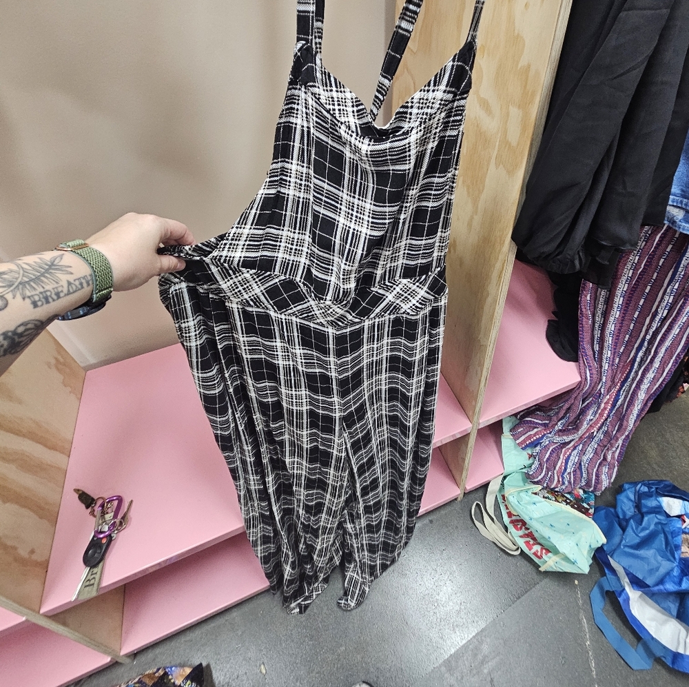 Black & White Plaid Wide-Leg Jumpsuit